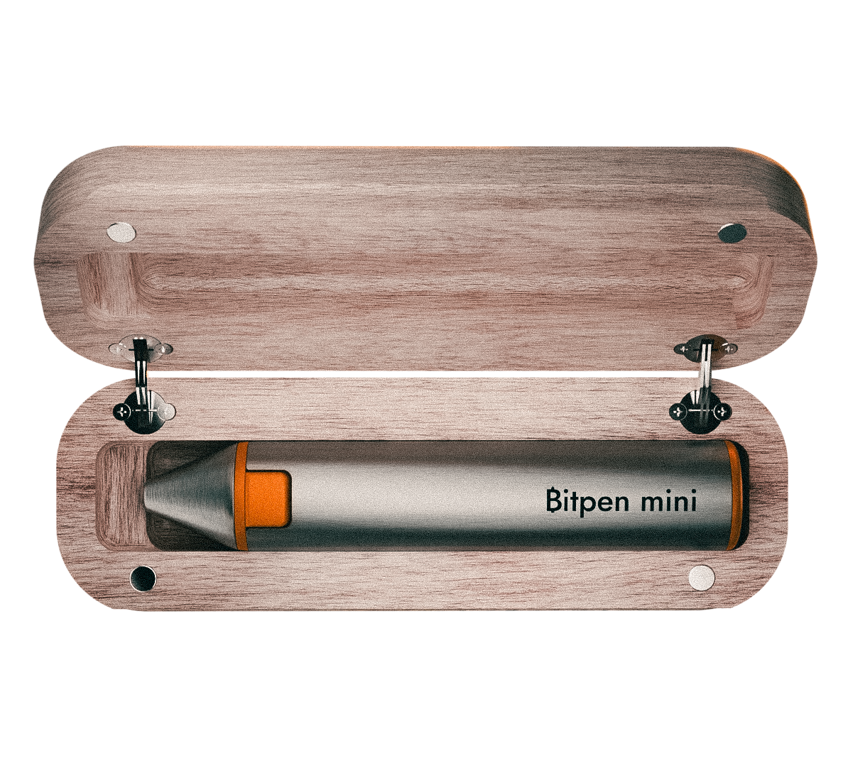 Der Bitpen mini in der Draufsicht in der aufgeklappten Bitpen mini Schatulle aus schönem Holz liegend mit Messingscharnieren.