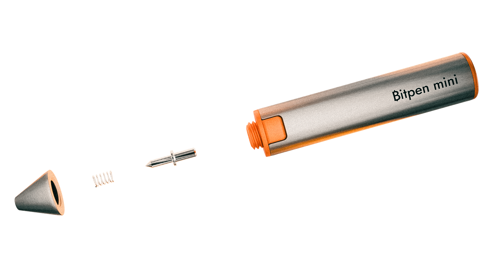 Der Bitpen mini in der Explosionsansicht: Bitpen mini Case, Bitpen mini Tip, Feder und Schraubverschluss-Kappe aus Aluminium