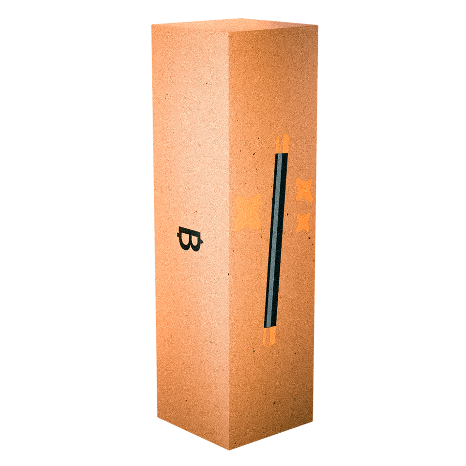 Die Verpackung des Bitpen mini aus recyceltem Papier mit einem Zauberstab darauf abgebildet.