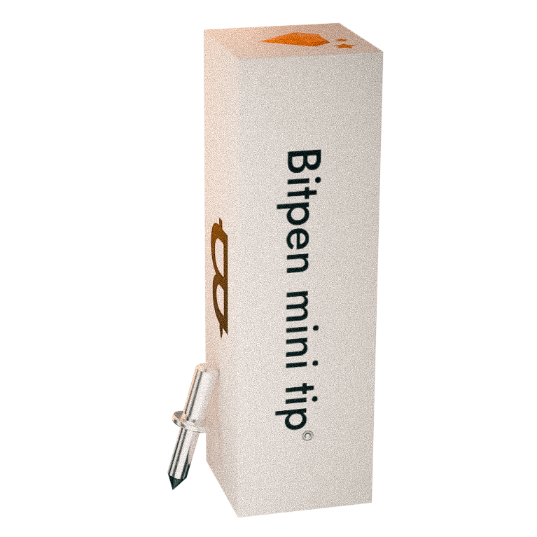 Die Verpackung des Bitpen mini Tip mit der Tip daneben anlehnend