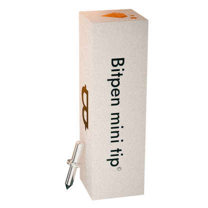 Die Verpackung des Bitpen mini Tip mit der Tip daneben anlehnend