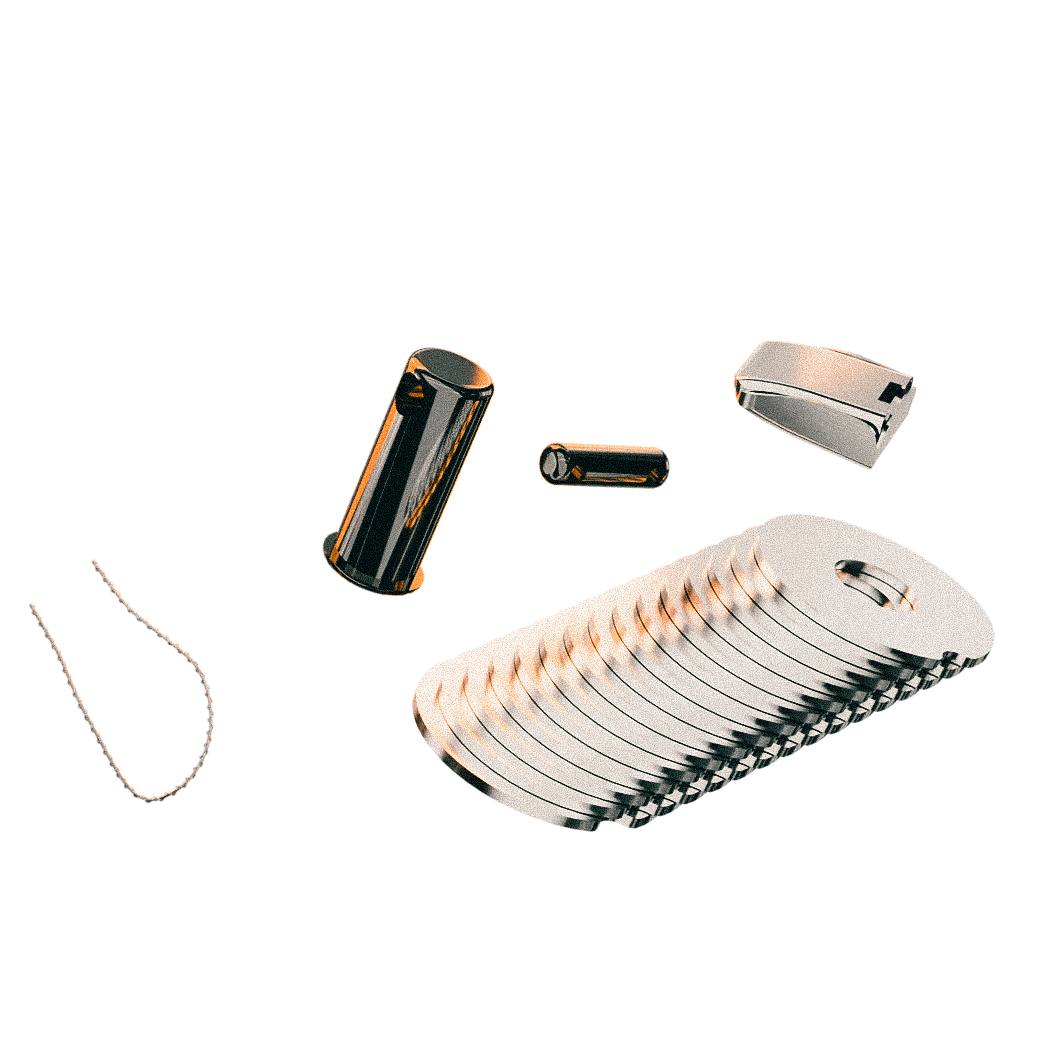 Der Seedburger, das premium Cold Wallet von Bitpen, in einer Explosionszeichnung abgebildet. Es besteht aus 15 Seedplatten, einem großen Sicherungspin, einem kleinen Pin, einem Sicherungsdraht für die Plombe und der Metallplombe.