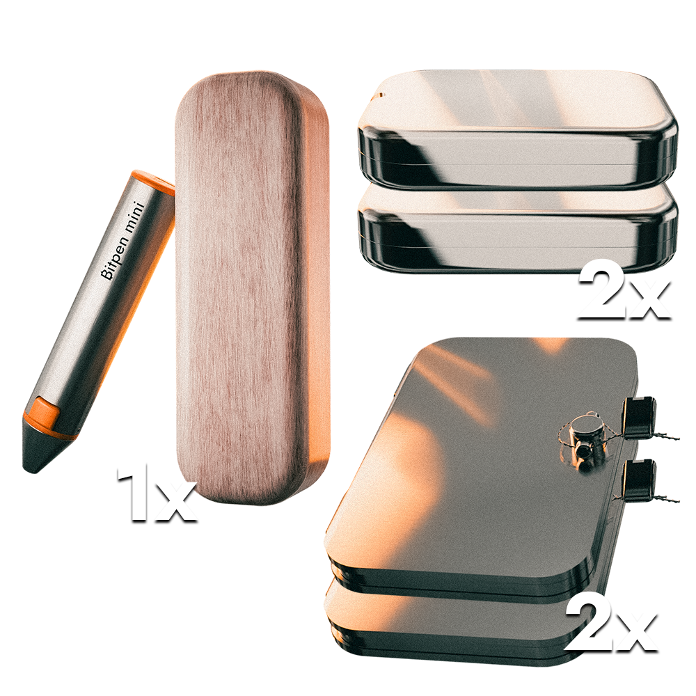 Auf dem Bild sieht man den Bitpen mini Gravurstift, das Seedwich und Hüllen für das Seedwich, die Seedbox