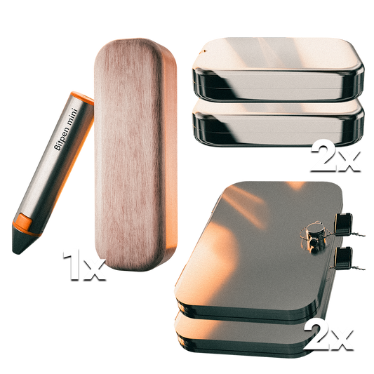 Auf dem Bild sieht man den Bitpen mini Gravurstift, das Seedwich und Hüllen für das Seedwich, die Seedbox