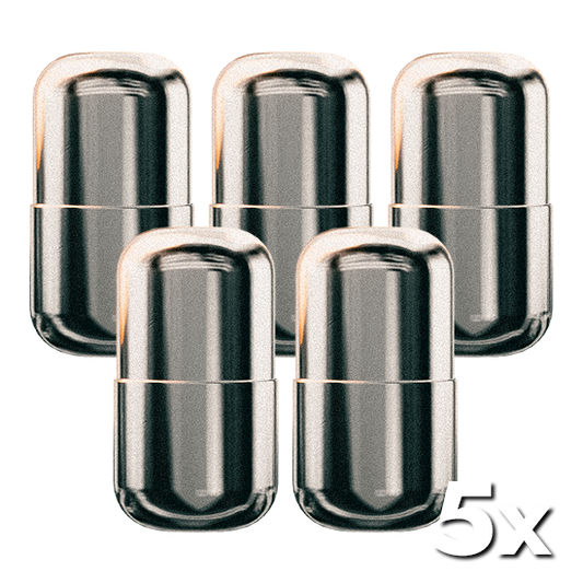 Fünf mal die Seedpill nebeneinander, ein Premium Bitcoin Backup bundle für den Seedburger